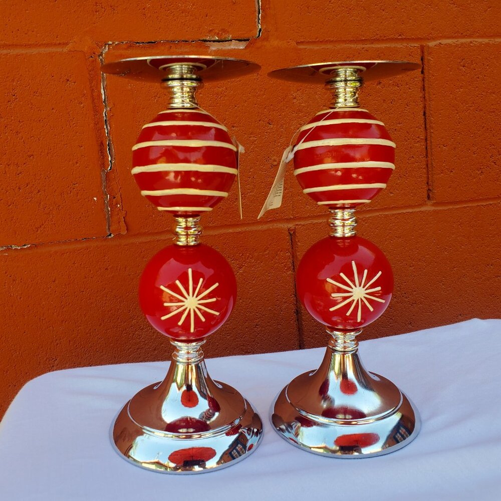North Pole Trading Co Christmas Candle Holders Red White Silver 9" Tall NWT